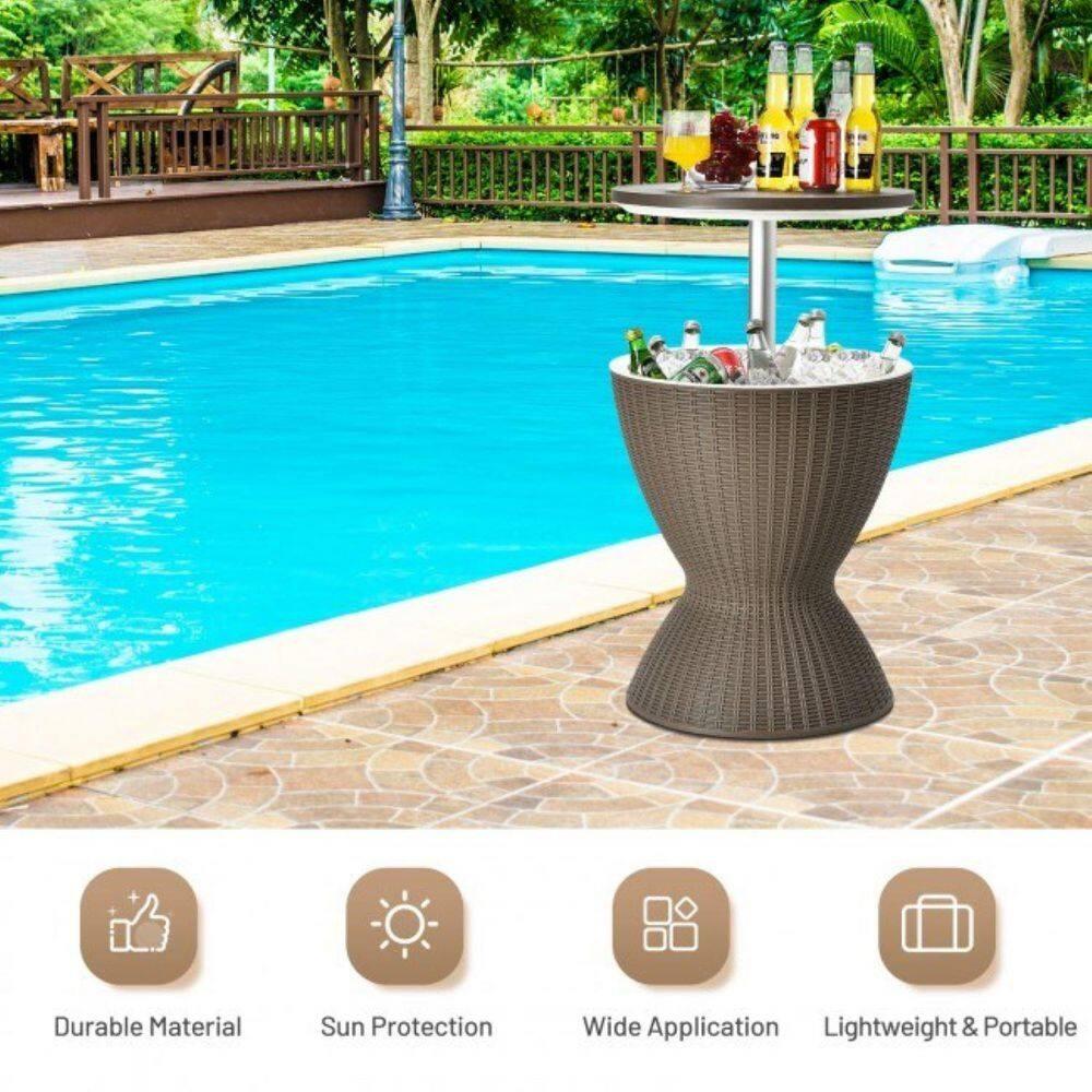 Demifill 3 In 1 8 Gallon Patio Rattan Cooler Bar Table with Adjust Ice Bucket, Outdoor Ice Cooler with Exquisite Wicker Outlook, Versatile Ice Cooler for Outdoor as Patio, Poolside, Brown
