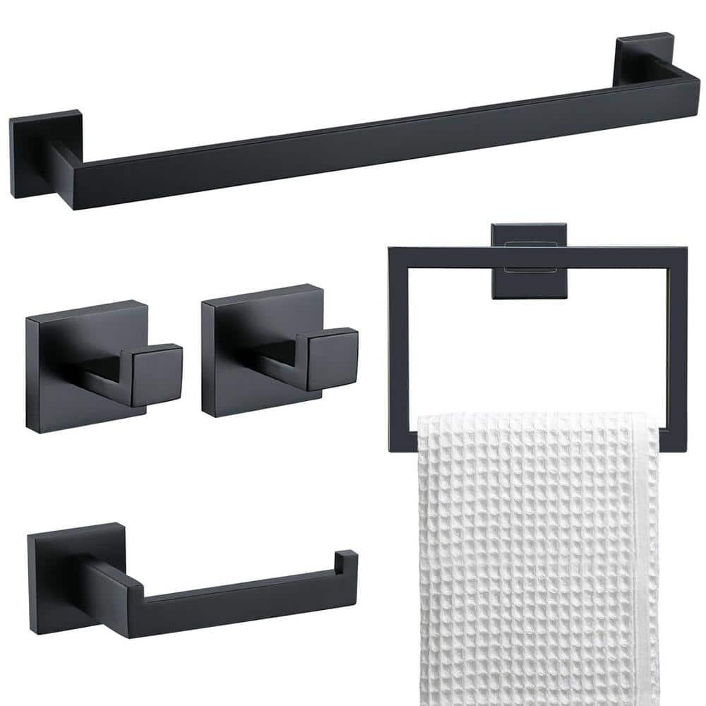 5 Pieces Square Matte Black Stainless Steel Bathroom Accessories Set Include 23.6 in Towel Bar, Toilet Paper Holder, Towel Ring, 2 Robe Towel Hooks