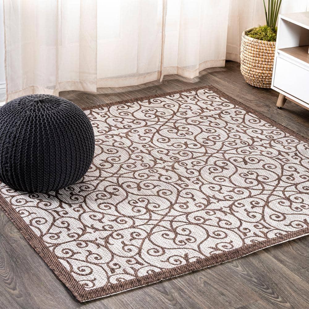 5' Square Madrid Vintage Filigree Textured Weave Indoor/Outdoor Area Rug, Taupe/Espresso - JONATHAN Y
