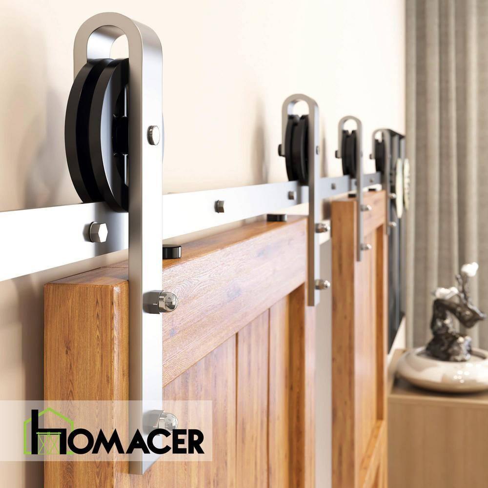 Homacer Brushed Nickel Sliding Barn Door Hardware Kit, for Two/Double Doors, 5ft Long Flat Track, Spoke Wheel Design Roller, Heavy Duty, for Interior & Exterior Use