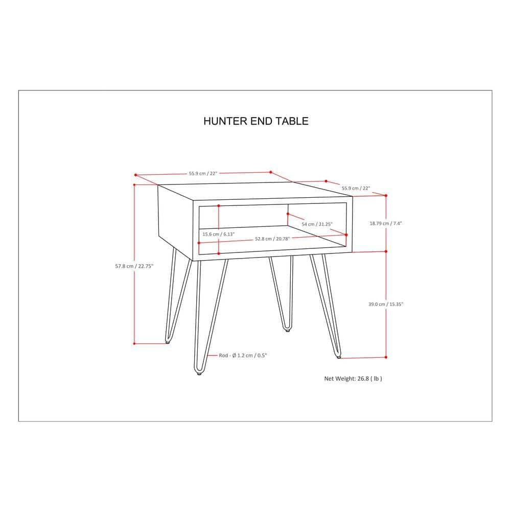 Hunter 22"W Solid Wood Industrial Square End Table with Hairpin Legs and Open Storage
