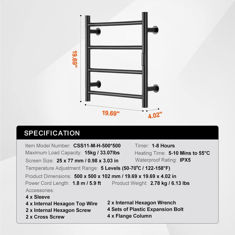 VEVOR 4 Bars Towel Warmer Rack, Wall Mounted Heated Towel Rack for Bathroom, IPX5 Waterpoof Towel Heater Rack with Timer & Display Screen, Black