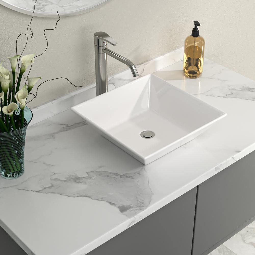 Logmey 16" L x 16" W White Ceramic Vessel Sink Square Above Counter Bathroom Sink Bathroom Vessel Sink LMP18002-1