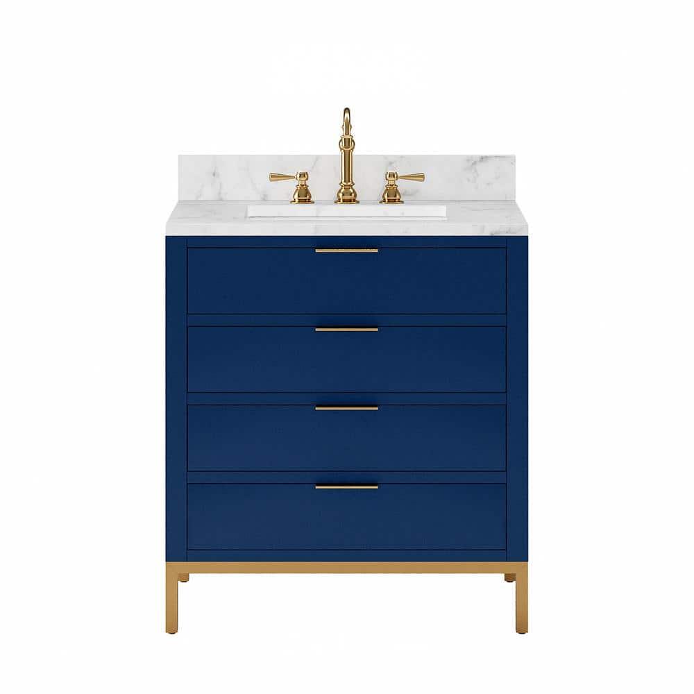 Bristol 30 in. W x 21.5 in. D Vanity in Monarch Blue with Marble Top in White with White Basin