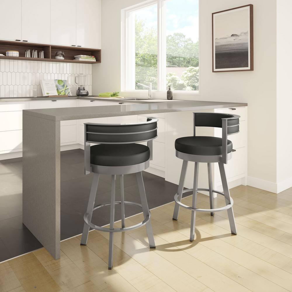 Amisco Browser Upholstered Barstool Charcoal Black/Gray: Faux Leather, Steel Frame, Fixed Height