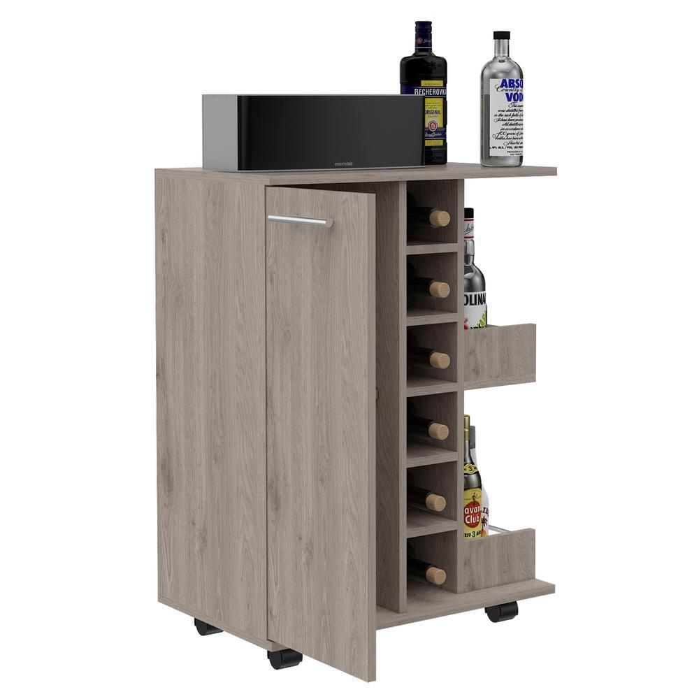Magda Bar Cart with Four Casters, Six Built-in Wine Rack, Single Door Cabinet, and Two External Shelves, 32.32" H, Light Gray, Living Room