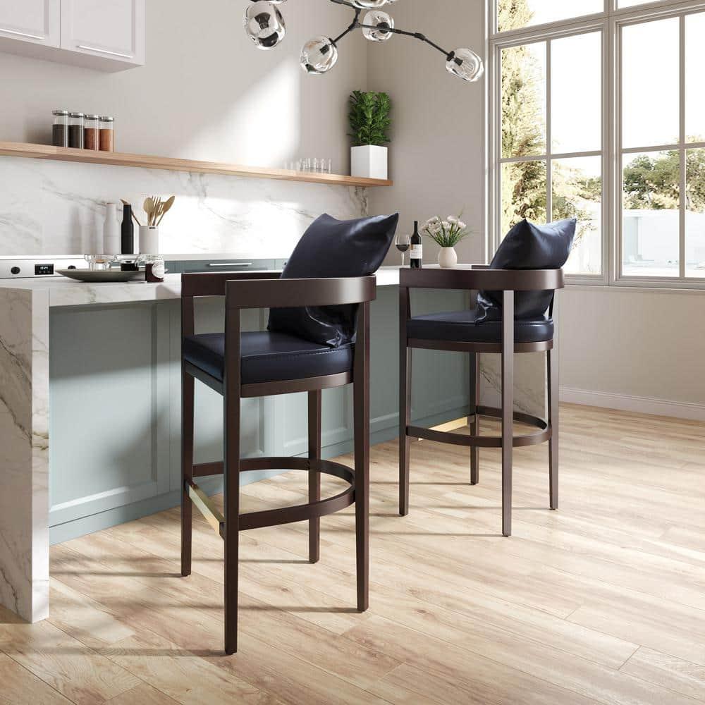 Ritz Upholstered Beech Wood Barstool Black - Manhattan Comfort: Gold Footrest, No Assembly Required, 30.5" Height