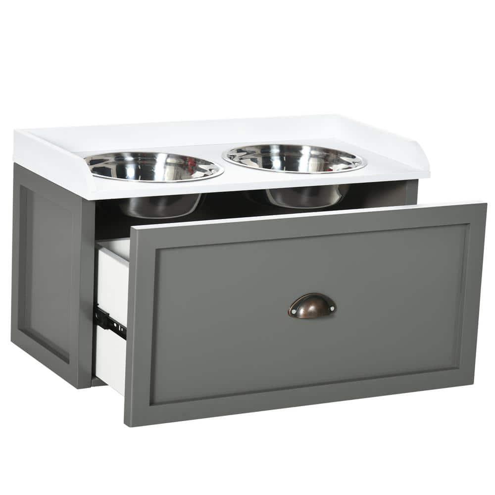 PawHut Dog Feeding Station with Storage Drawer, Dog Food Storage Cabinet w/ Removable Elevated Dog Bowls for Large Sized Dogs, Gray