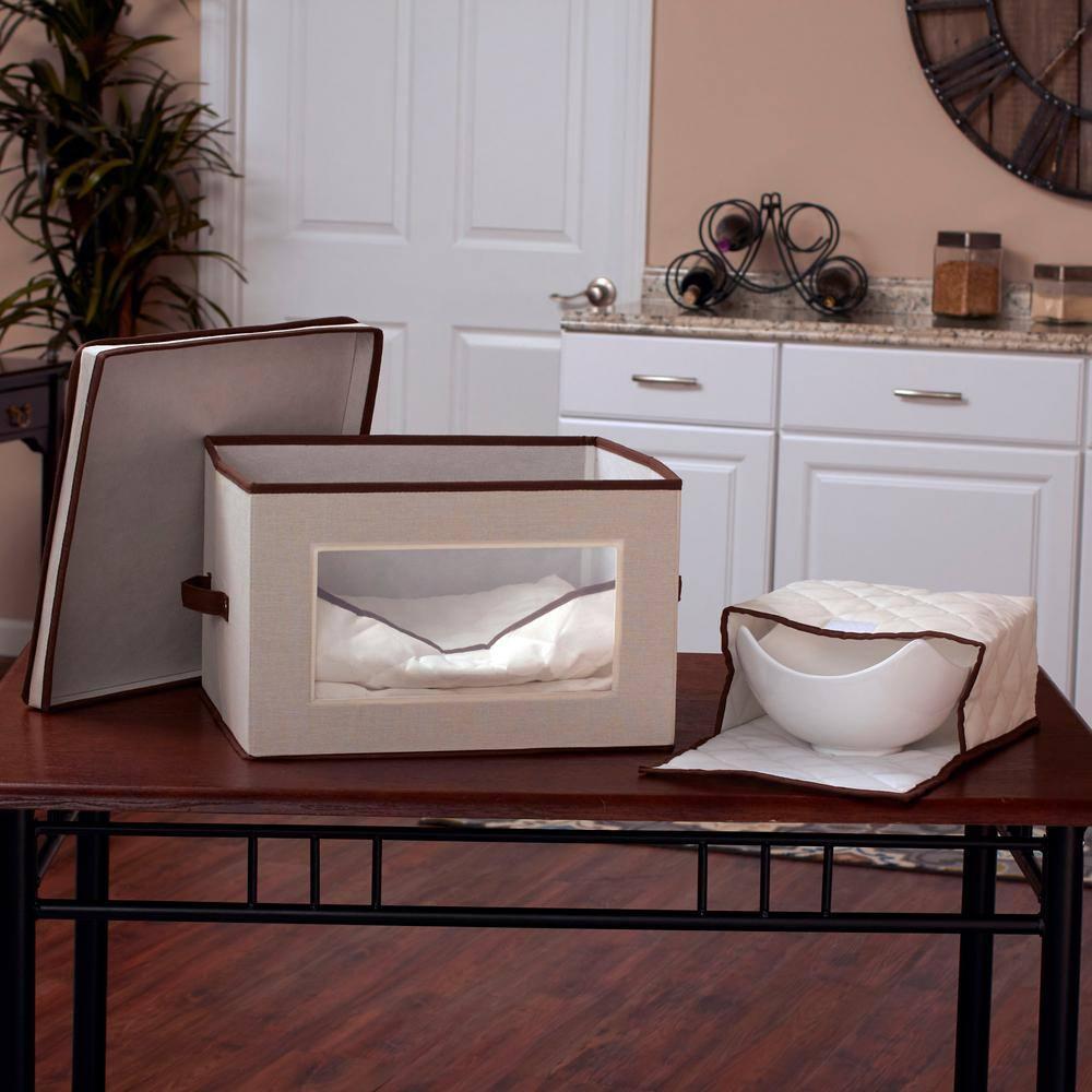 Large Serveware Storage Box, Polyester Canvas with Fiberboard Sides, 3 Protective Pouches, Fully Removable Lid, Natural with Brown Trim