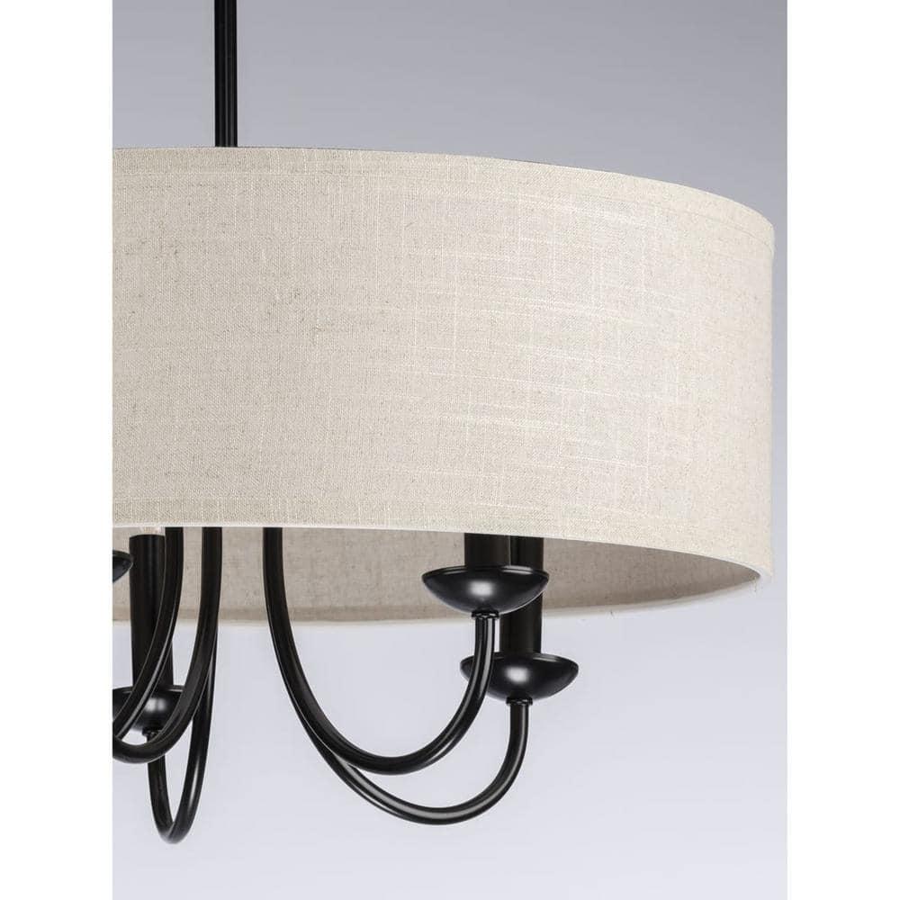 Progress Lighting, Drum Shade Collection, 5-Light Pendant, Black Finish, Harvest Linen Shade