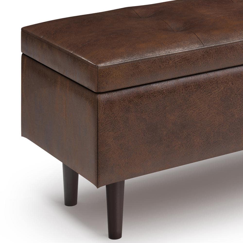 Simpli Home Shay 48 in.W Modern Storage Ottoman in Distressed Chestnut Brown Faux Leather