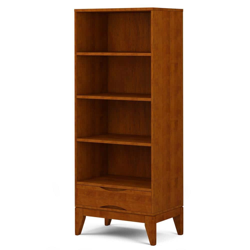 Simpli Home Harper 24"W Solid Hardwood 4 Shelf Mid-Century Modern Bookcase with Drawer and Adjustable Shelves
