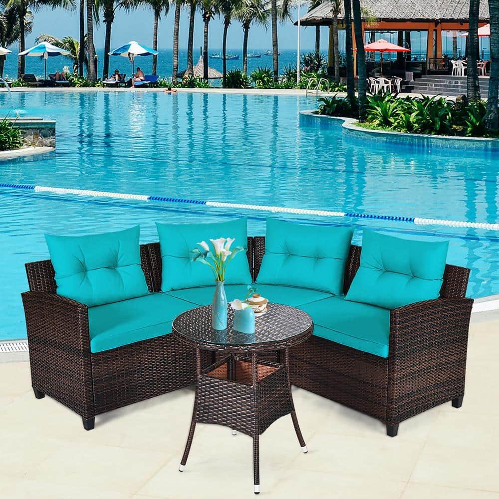 Costway 4PCS Outdoor Patio Rattan Furniture Set Cushioned Sofa Table Turquoise