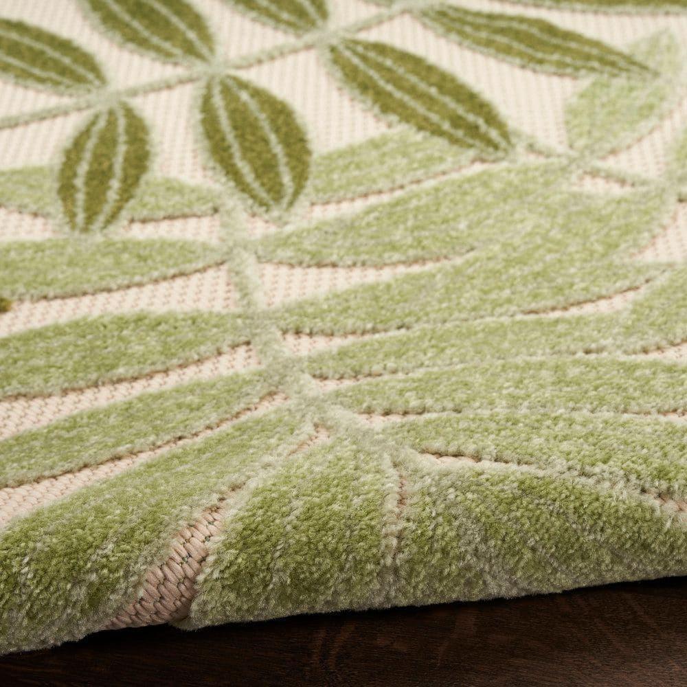 Nourison Aloha Floral Leaf Flatweave High-Low Indoor Outdoor Round Rug Ivory Green 5'3" x 5'3"