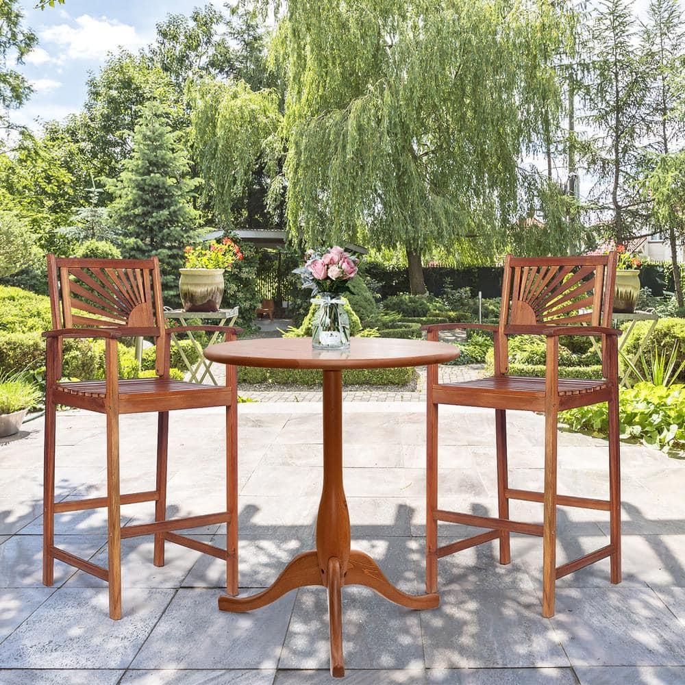 Topbuy Acacia Wood Outdoor Bar Stools with Footrest and Backrest - Set of 2, Reddish Brown