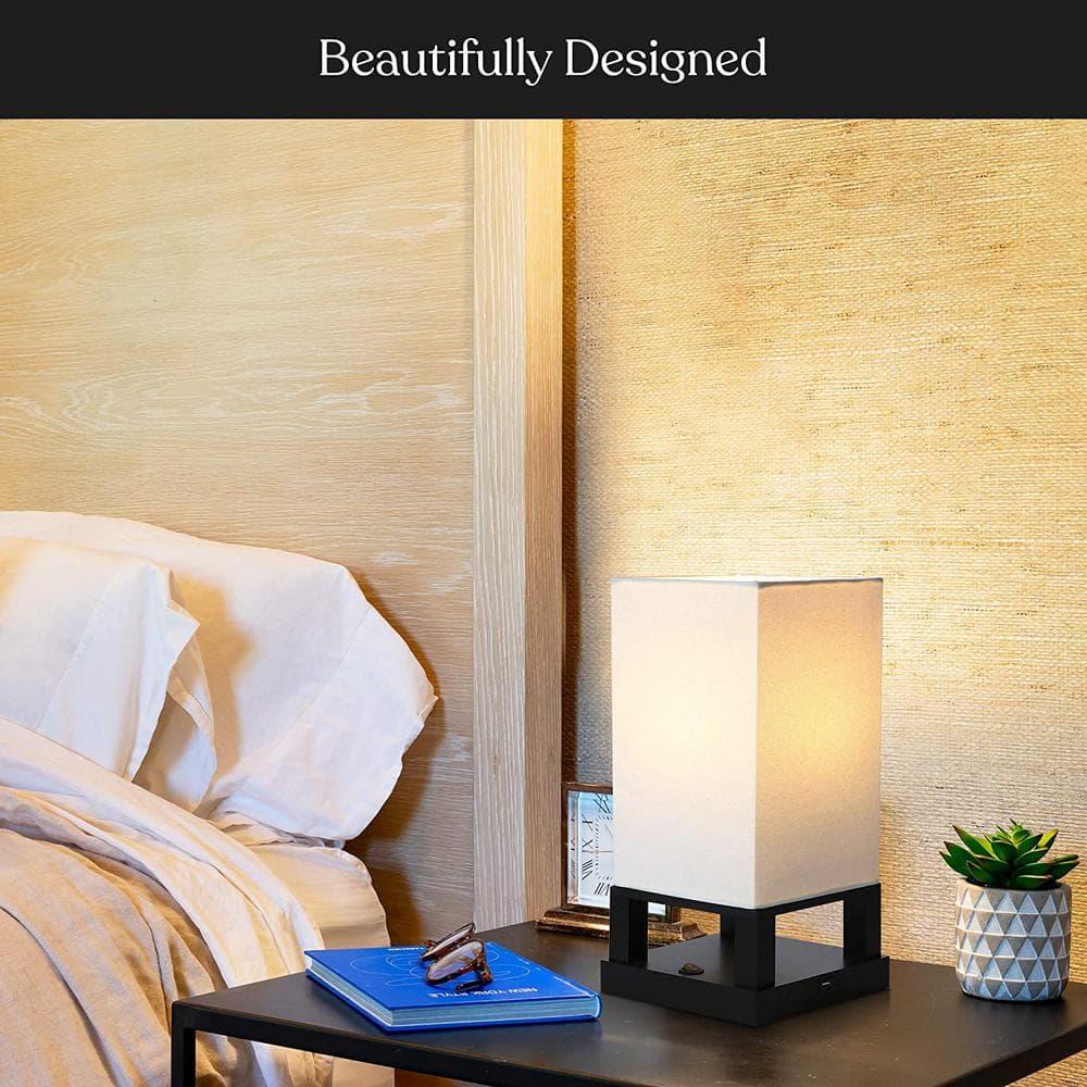 Brightech Maxwell 14 in. Mid-Century Modern LED Bedside Table Lamp with Fabric Square Shade