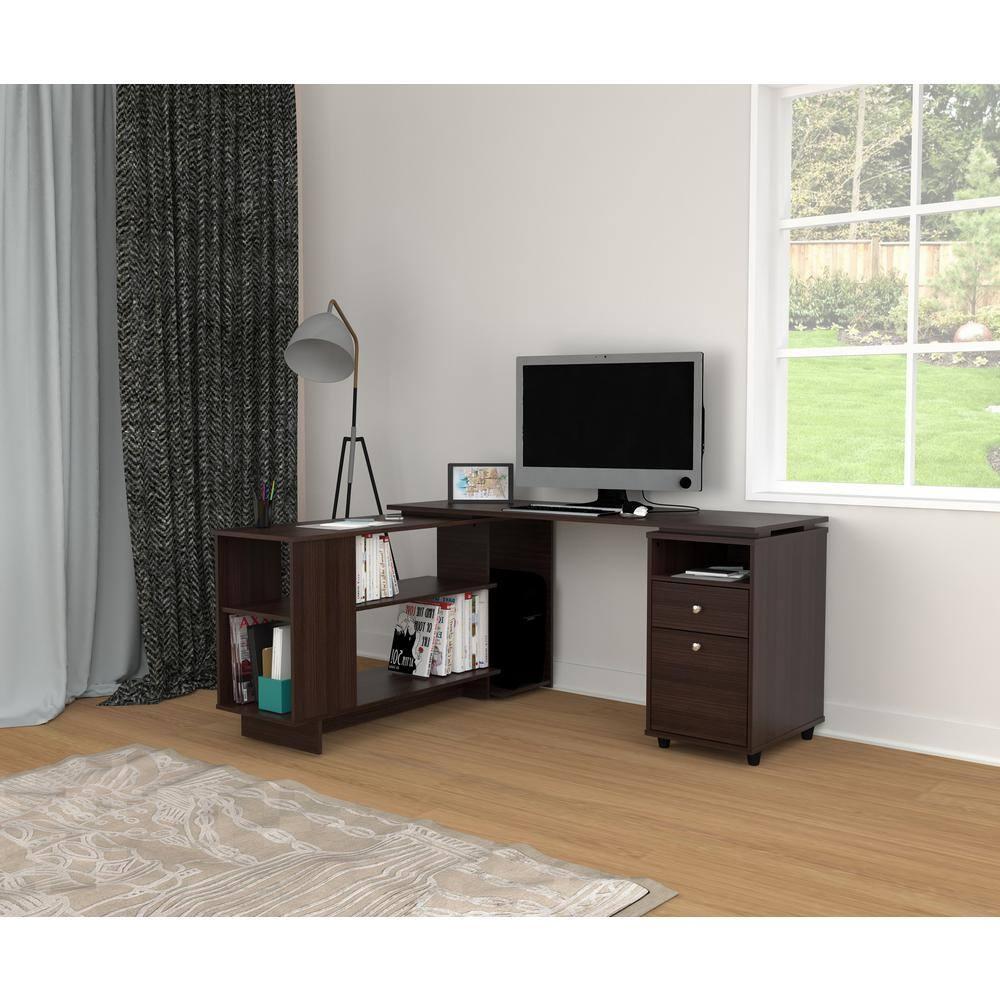 Inval L-Shaped Reversible Computer Desk, Espresso