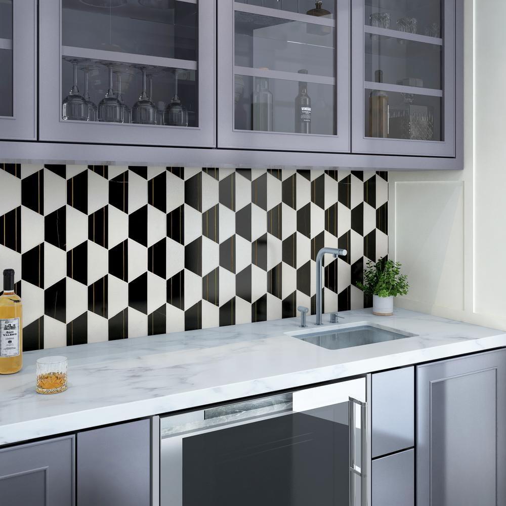 Meld 10.43" x 12.04" Marble and Brass Mosaic Hexagon Tile (0.87 Sq. Ft. / Sheet)