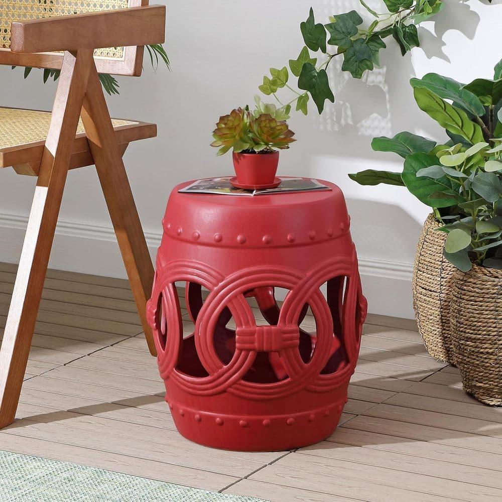 JONATHAN Y Lucky Coins 16" Chinese Ceramic Drum Garden Stool, Matte Red