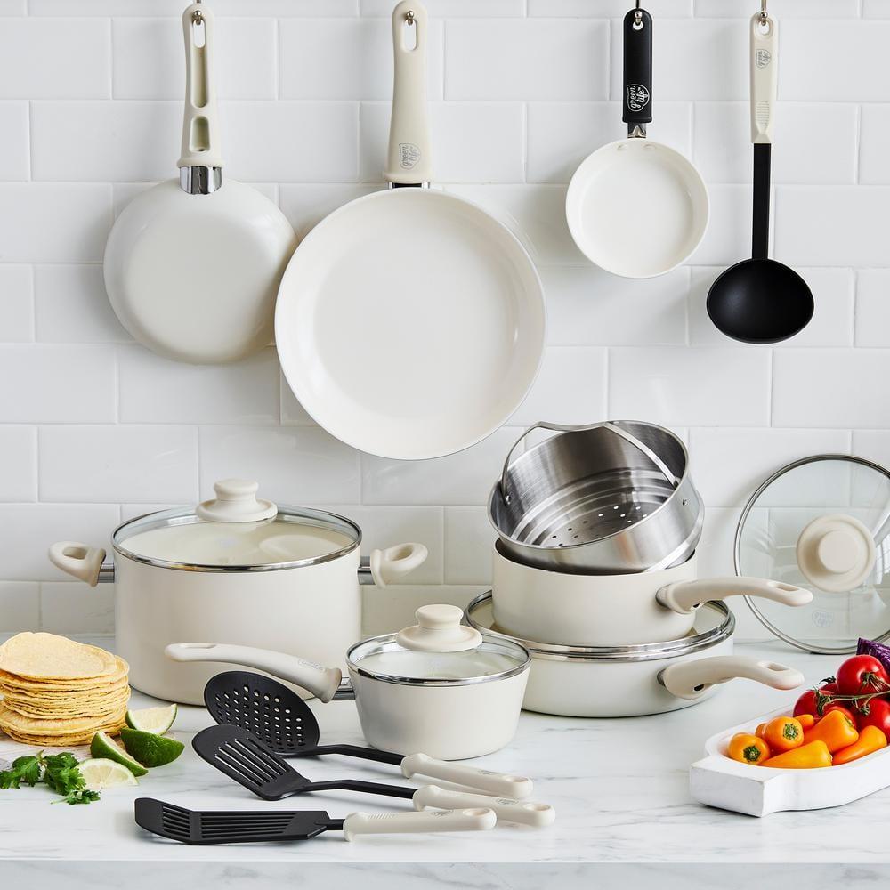 Soft Grip 16-Piece Aluminum Healthy Ceramic Nonstick Cookware Set in Cream