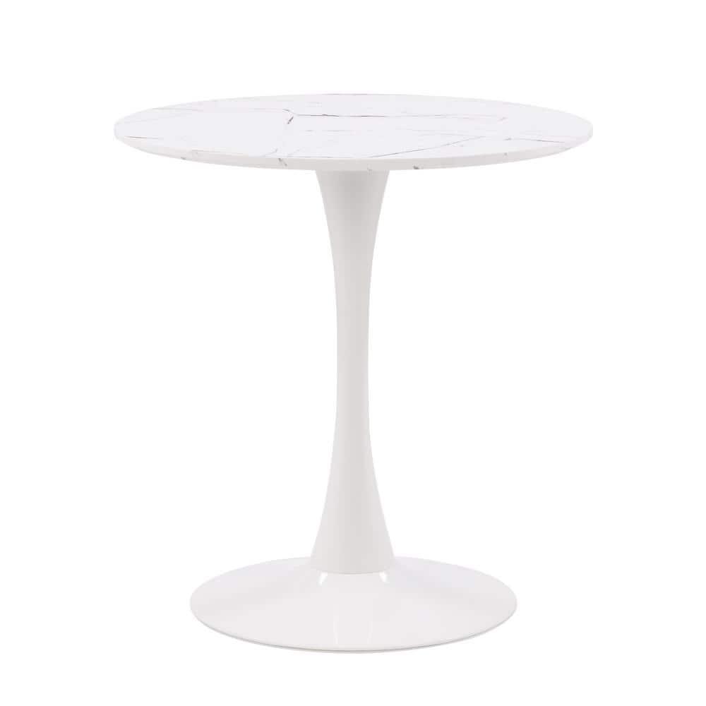 CorLiving Ivo Modern Round White Marbled Engineered Wood and Steel Pedestal Dining Table - Small Pedestal Dining Room Table for 3, Ideal Small Round Kitchen Table, Bistro Cafe Table