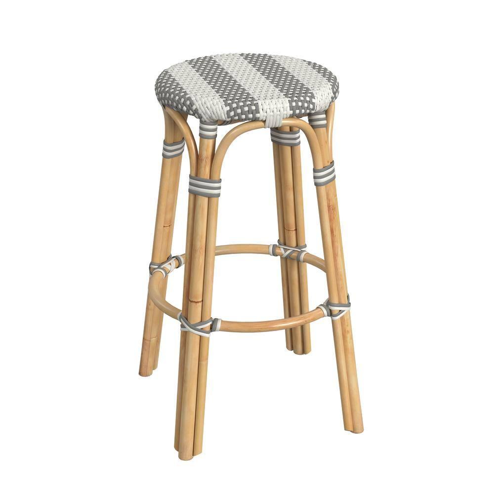 Butler Specialty Company Tobias Round Rattan 30" Bar Stool - Gray & White Stripe