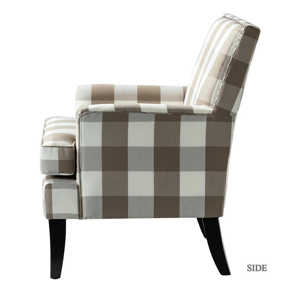Upholstery Armchair Accent Chair Sofa Couch Wood Legs Nailhead Trim Home Living Room Bedroom Plaid Grey White