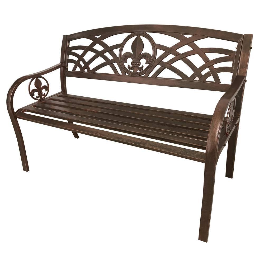Leigh Country Outdoor Metal Patio Bench with Fleur-De-Lis - Bronze