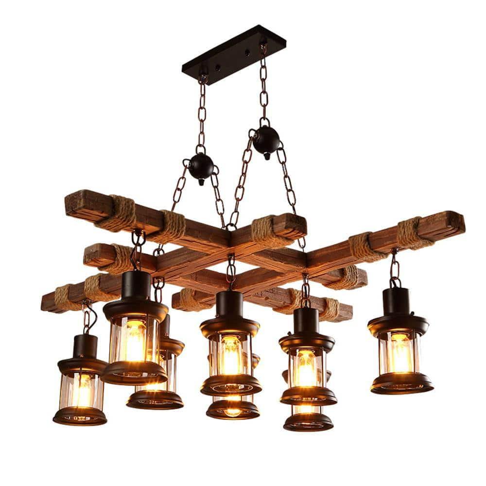 Rongfun 8-Light Rustic Country Chandelier Wood Pendant Lamp Industrial Ceiling Fixture