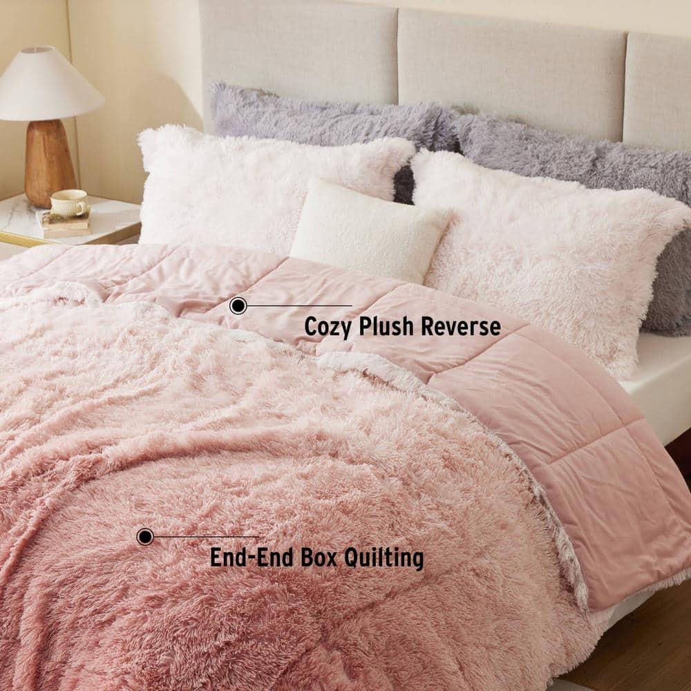 Intelligent Design King/Cal King Shaggy Faux Comforter Set, Long Fur Wave Spring Comforter Bedding Set, 3-Piece Striped Ombre Design Warm Bed Set, Blush