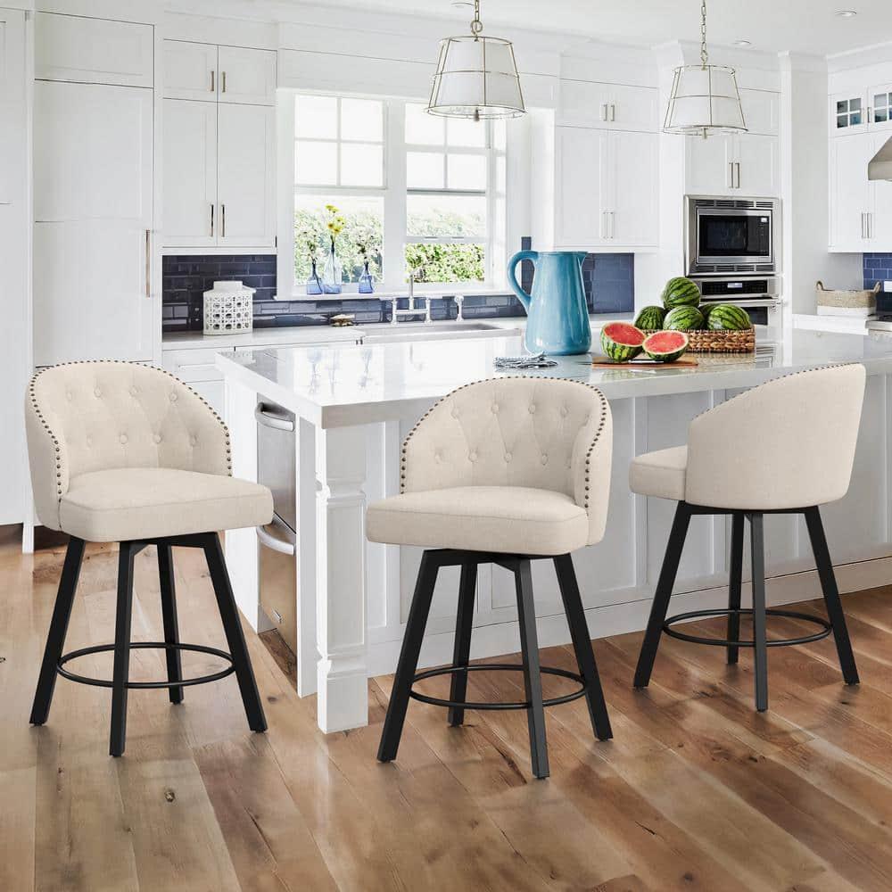Counter Height Bar Stools Set of 3, 26" Swivel Fabric Upholstered Bar Stools with Backs and Metal Legs, Retro Counter Stools for Kitchen Island, Dining Room, Pub, Linen