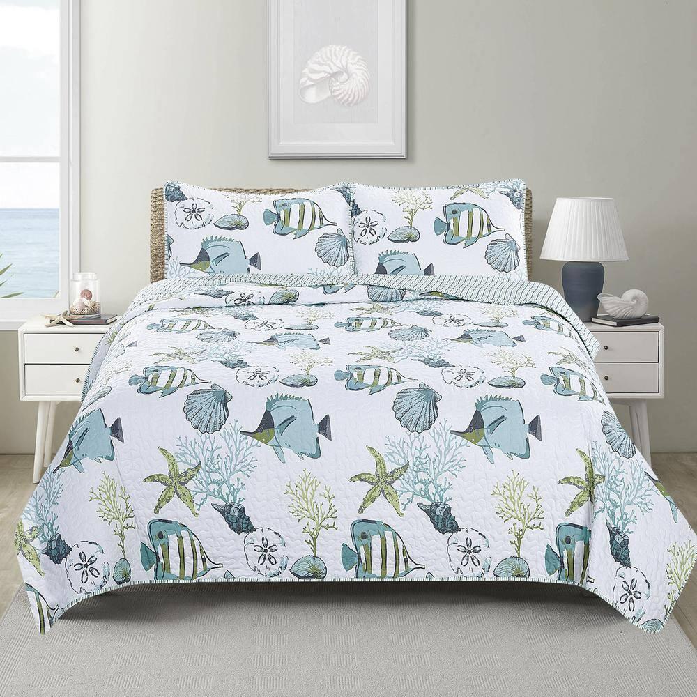 Blue / Green Fish & Seashell Quilt Set with Shams