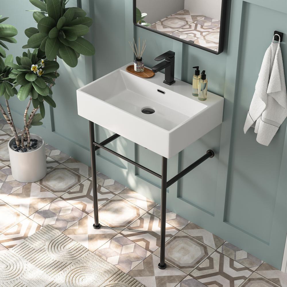 Ceramic White Rectangular Single Faucet Hole 24 in Console Bathroom Sink with Overflow