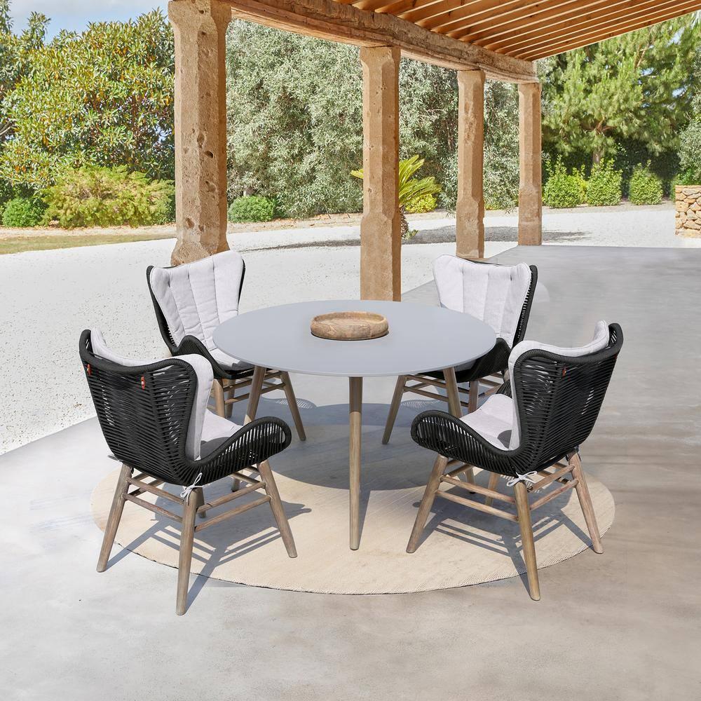 Armen Living Sydney and Armen Living Fanny 5 Piece Outdoor Patio Dining Set in Light Eucalyptus Wood with Charcoal Rope and Grey Cushions