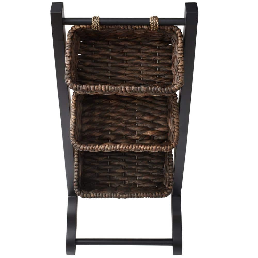 Casafield 3-Tier Floor Stand with Hanging Storage Baskets, Black/Espresso - Wood Tower Rack for Bathroom, Kitchen, Laundry, Living Room