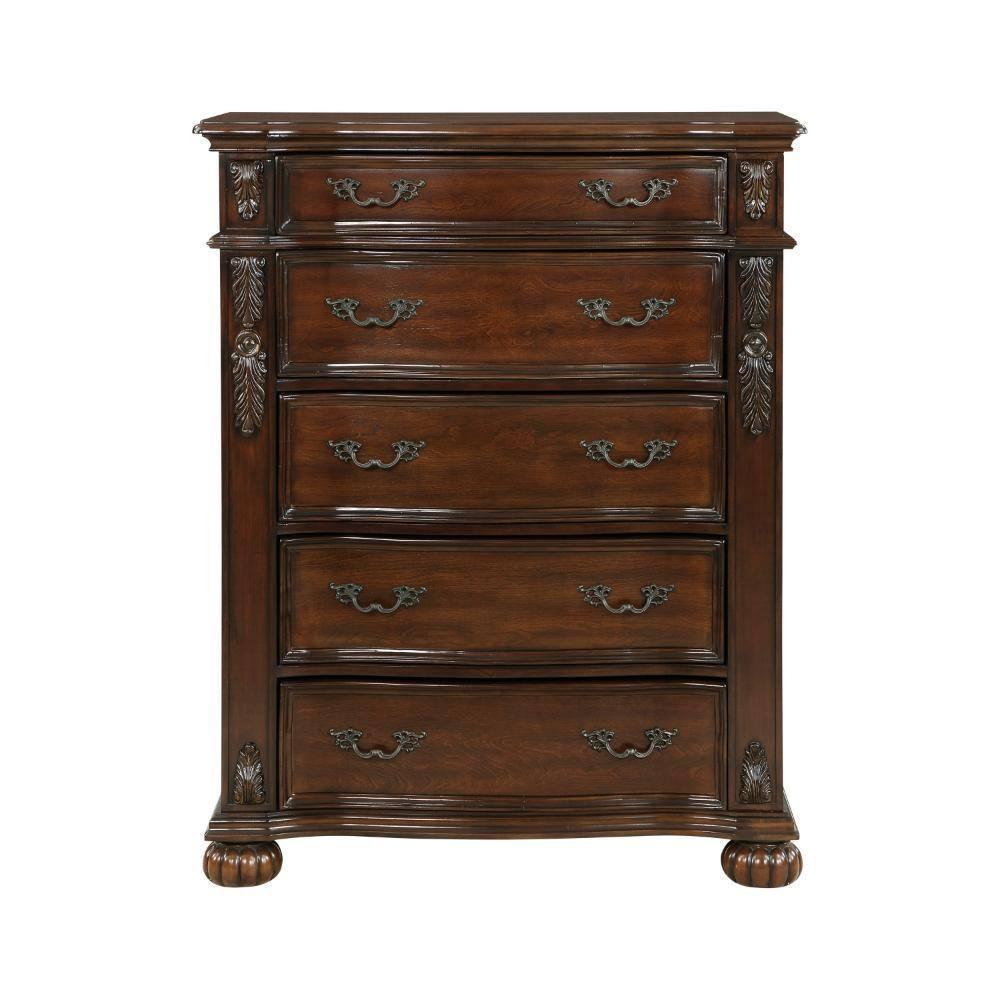 Benjara Nami 50 Inch Tall Dresser Chest, 5 Drawers, Carved Cherry Brown Solid Wood