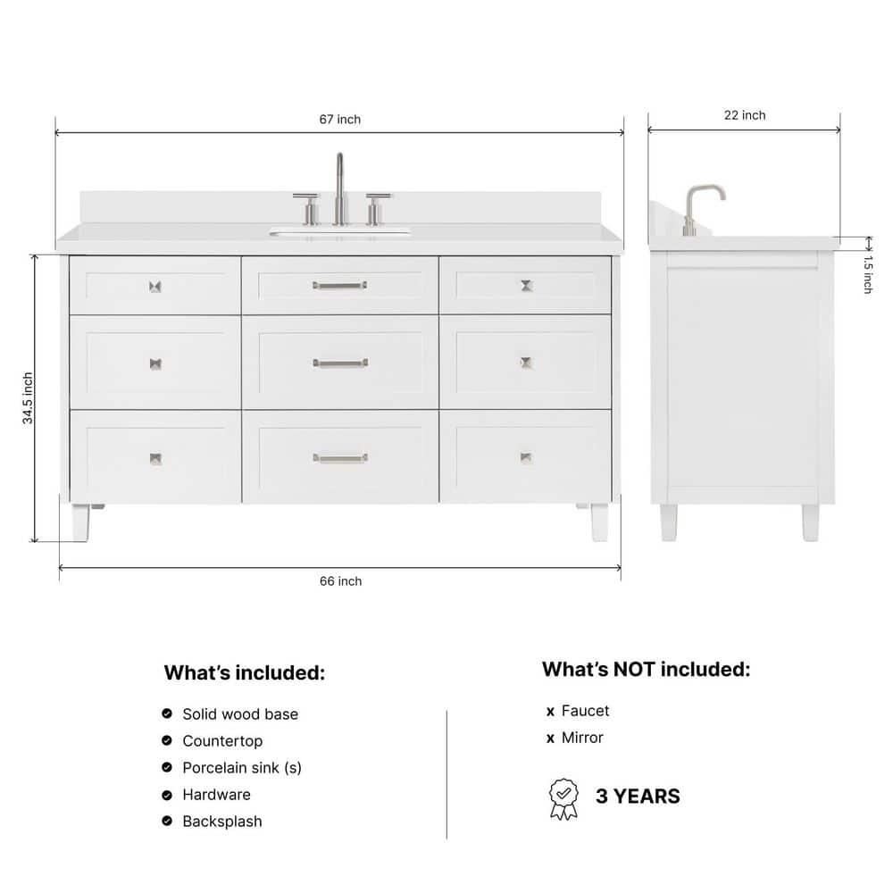 Ariel Monroe 67 Inch Single Rectangular Sink Bathroom Vanity With Pure White Quartz Countertop