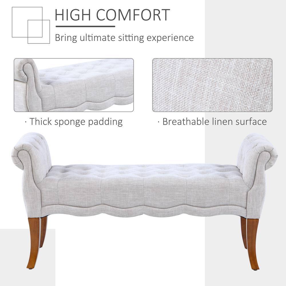 HOMCOM Traditional Style End of Bed Bench, Upholstered Entryway Bench with Button Tufted and Rounded Arm, Light Gray
