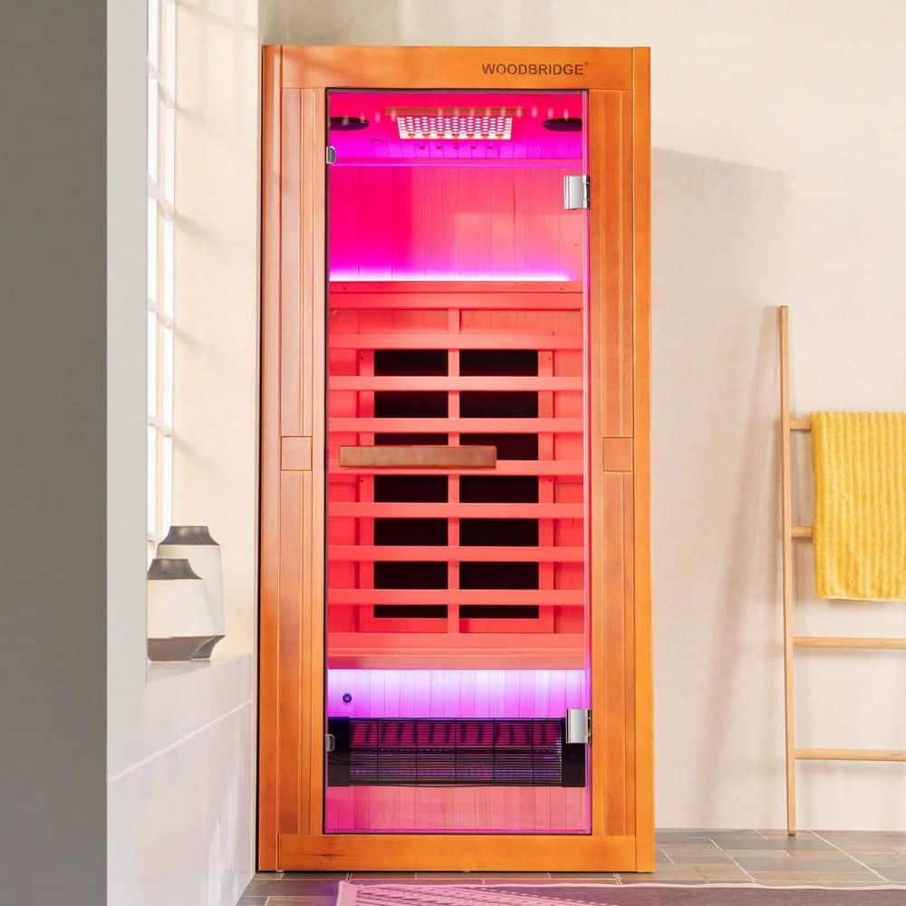 WoodBridge 1 Person Indoor Bluetooth Compatible FAR Infrared Sauna in Canadian Hemlock, Touch-Tone Keypad, LED Therapy Light
