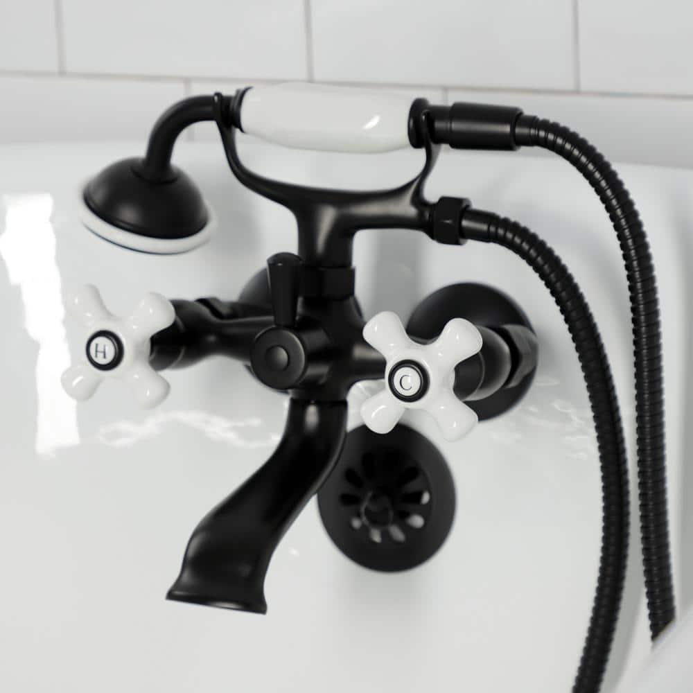 Kingston Brass Kingston Three-Handle 2-Hole Wall Mount Clawfoot Tub Faucet with Hand Shower