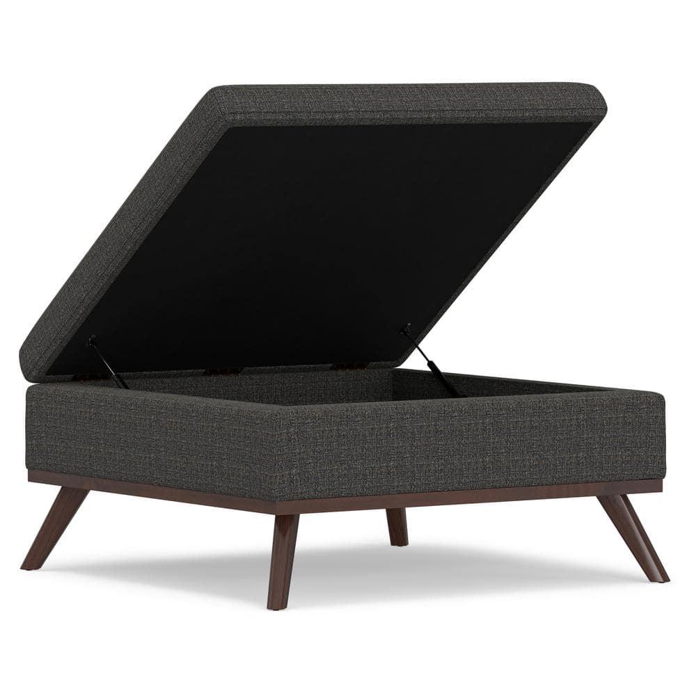 Simpli Home Owen 36"W Upholstered Square Coffee Table Storage Ottoman with Lift Top and Solid Wood Legs