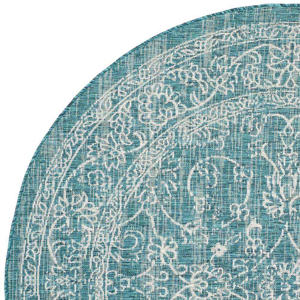 SAFAVIEH Courtyard Darin Botanical Indoor/Outdoor Area Rug, Turquoise, 6'7" x 6'7" Round