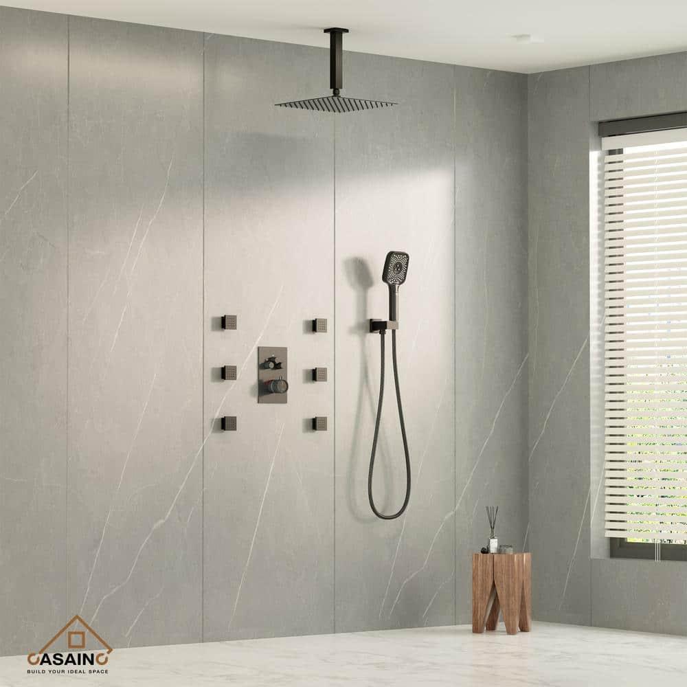 Revitalize 3-Function 12 Inch Ceiling Mount Rainfall Thermostatic Shower System with 6 Body Jets