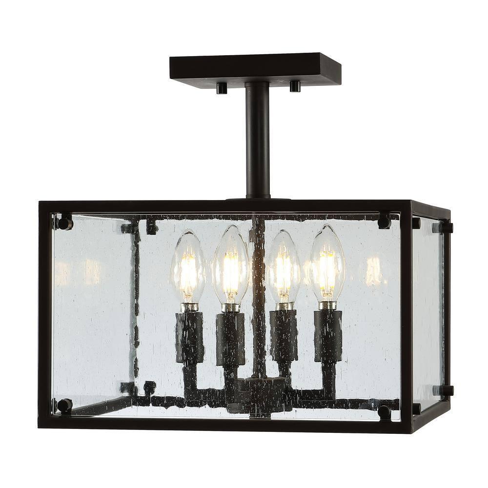 Paysan 13" 4-Light Iron/Seeded Glass Rustic Farmhouse LED Flush Mount, Oil Rubbed Bronze