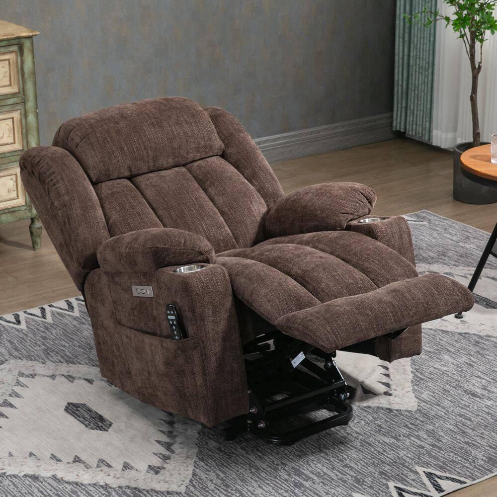 Power Lift Chair with Full-Body Massage and Heat, Electric Recliner Chairs for Adults, Remote Control, Standing Assistance, USB Ports, Stainless Steel Cup Holders, Chenille Brown