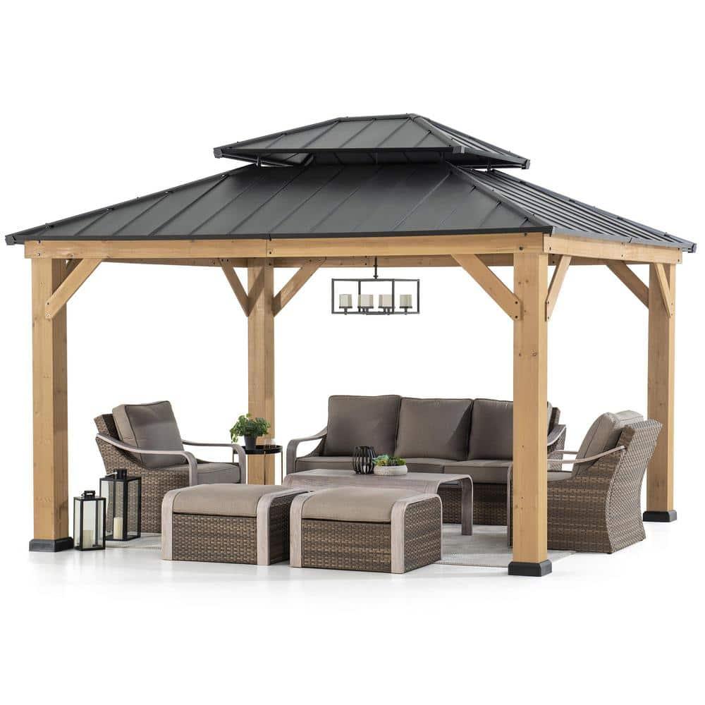 11x13 Cedar Wood Gazebo with Black Metal Double Roof