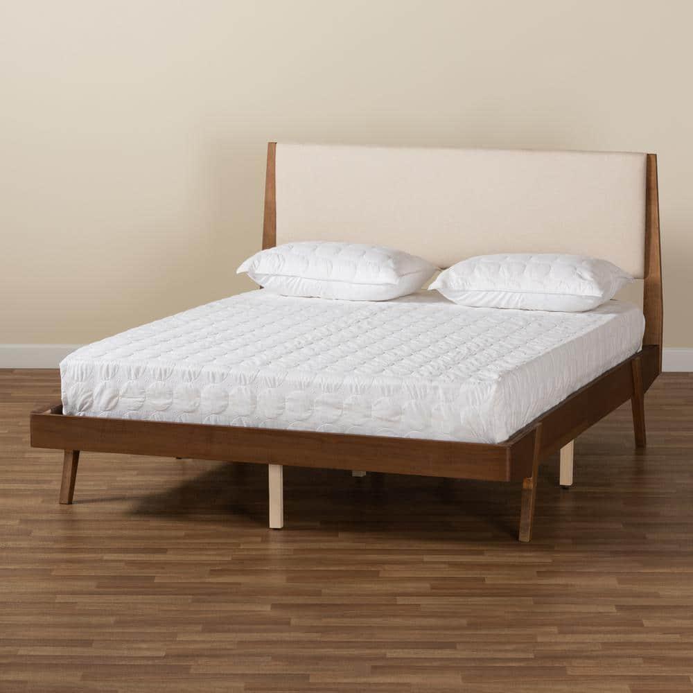 Baxton Studio Senna Mid-Century Modern Beige Fabric Upholstered and Walnut Brown Finished Wood Queen Size Platform Bed