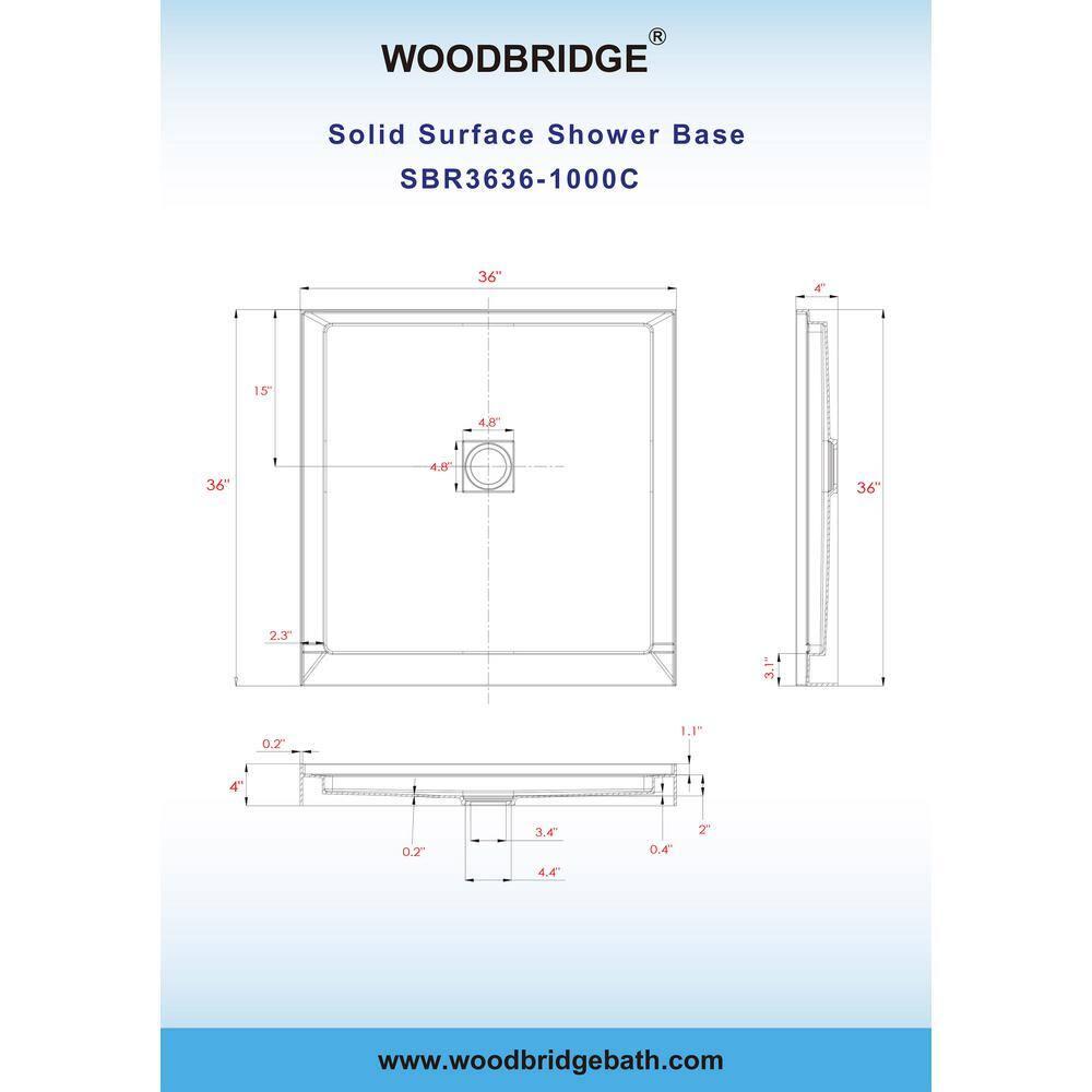 36" Solid Surface Square Single Threshold Shower Pan Base with Drain Assembly & Drain Cover Included, Non-Slip