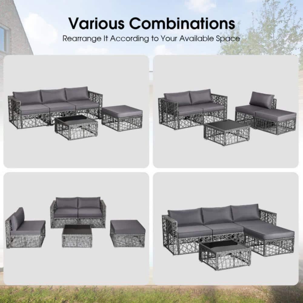 Costway 5 Pieces Patio PE Rattan Wicker Sofa Furniture Set Cushioned  Outdoor Grey
