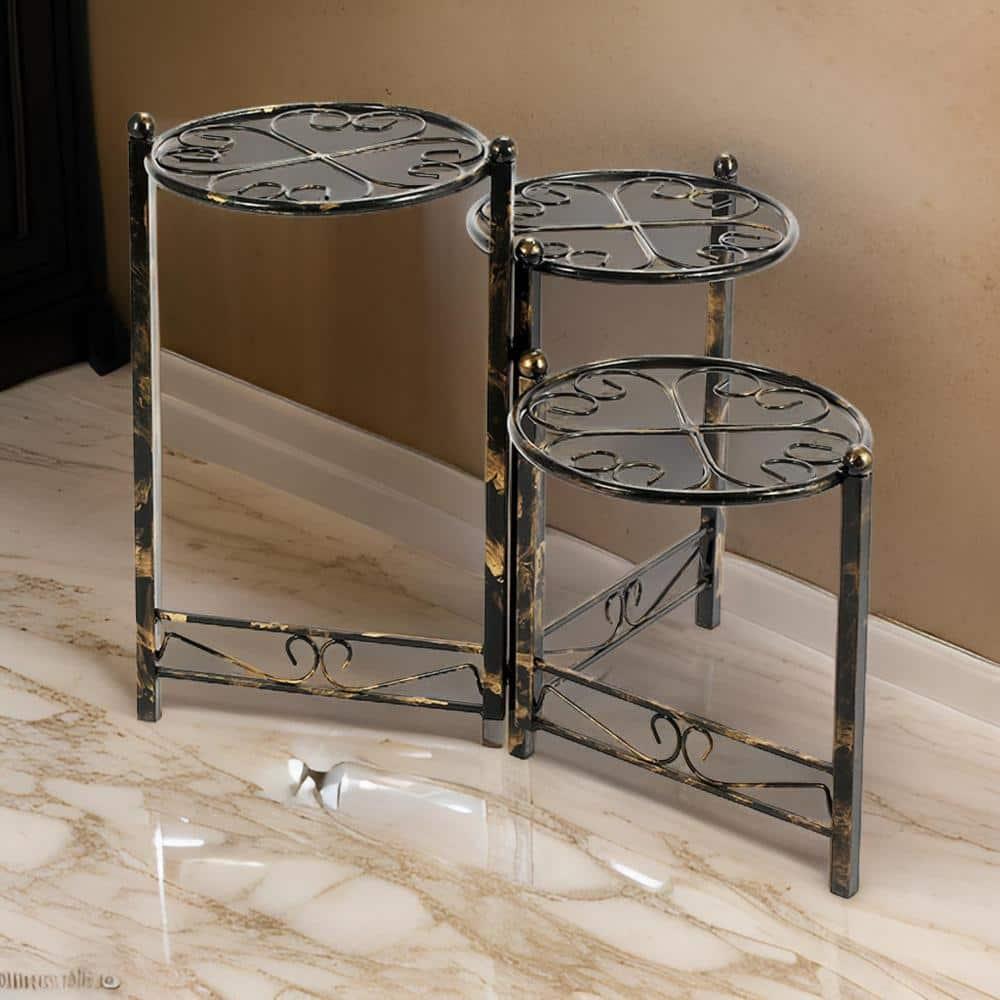 3 Tier Heart Clover Design Round Top Metal Plant Stand, Black- Saltoro Sherpi